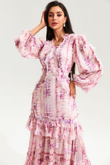 V-Neck Lace Puff Sleeve Tiered Ruffle Hem Maxi Dress