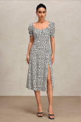Derlyn Puff Sleeves Printed Slit Midi Dress