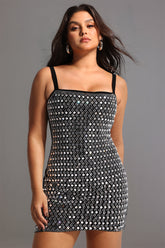 Darcy Rhinestones Halter Bandage Mini Dress - Black