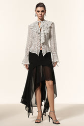 Gerianna V-Neck Long Sleeves Folds Dot Printed Asymmetric Top And Skirt Two-Piece Set