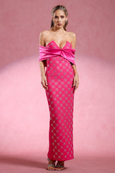Haliya Off The Shoulder V Neck Diamond Bandage Maxi Dress