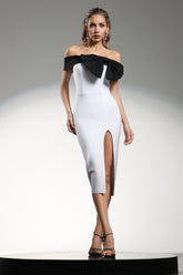 Locava Off The Shoulder Bow Contrast Color Bandage Midi Dress