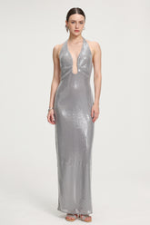 Sequined Halter V-neck Maxi Dress