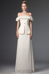 Mamie Elegant Tailored Off Shoulder Ruched Two Piece Set