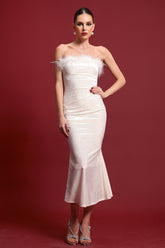 Fala Glamorous Contour Strapless Ruched Feather Velvet Maxi Dress