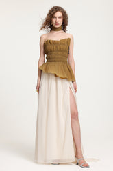 Two-Tone Strapless Smocked Peplum Maxi Dress With High Slit