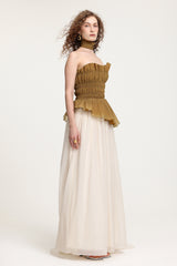Two-Tone Strapless Smocked Peplum Maxi Dress With High Slit
