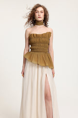 Two-Tone Strapless Smocked Peplum Maxi Dress With High Slit