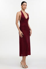 Liaci Romantic Contour Halter Crystal Maxi Dress