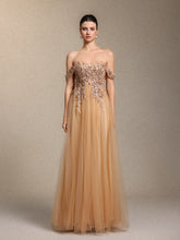 Krystal Chic Cinched Waist Off Shoulder Sequin Floral Applique Tulle Maxi Dress