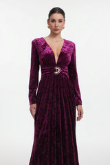 Ikara Chic Contour Long Sleeve V Neck Velvet Maxi Dress