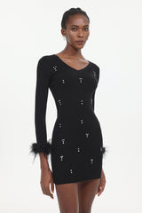 Moua Elegant Contour Long Sleeve Rhinestone Feather Knit Black Mini Dress