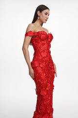 Romantic Tailored Off Shoulder Floral Embroidered Maxi Dress