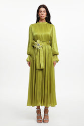 Ikira Resort Flowy Long Sleeve Floral Pleated Satin Maxi Dress