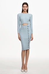 Viomo Chic Contour Round Neck Long Sleeve Buttoned Knit Midi Dress