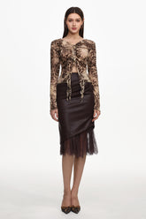 Yuhie Vintage Flocked Top And Faux Leather Skirt Set