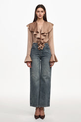 Minola Chic Flowy V Neck Long Sleeve Ruffle Satin Jumpsuit
