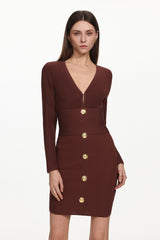 Davo Classic Contour V Neck Long Sleeve Buttoned Knit Mini Dress