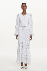 Tris Elegant Flowy Long Sleeve Pearl Buttoned Lace Top and Skirt Set