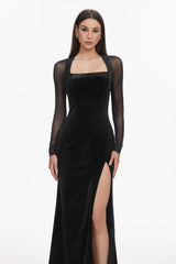 Rae Elegant Contour Long Sleeve High Slit Velvet Maxi Dress