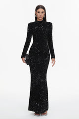 Melinda Glamorous Contour High Neck Long Sleeve Sequin Maxi Dress