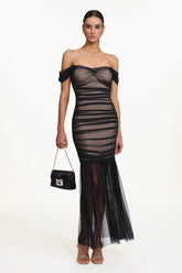 Emilee Elegant Contour Off Shoulder Ruched Mesh Maxi Dress