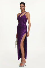 Julieta Glamorous Contour Sleeveless Asymmetric Sequin Maxi Dress