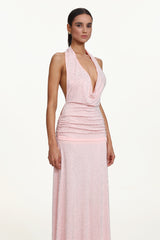 Hoshi Chic Contour Halter Deep V Ruched Crystal Maxi Dress
