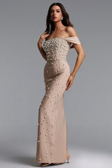 Jaylee Glamorous Off Shoulder Pearl Rhinestone Bandage Maxi Dress