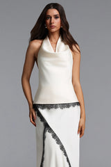 Noor Chic Contour Halter Cowl Neck Lace Top and Skirt Set
