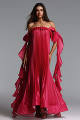 Parker Romantic Flowy Off Shoulder Braided Pleated Ruffle Maxi Dress