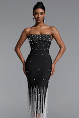 Lafare Chic Contour Strapless Pearl Fringe Bandage Maxi Dress