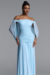 Harena Elegant Contour Off Shoulder Ruched Blue Maxi Dress