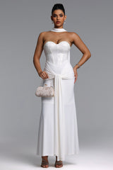 Sharlot Elegant Contour Strapless sequin Draped Knit White Maxi Dress