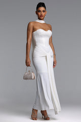 Sharlot Elegant Contour Strapless sequin Draped Knit White Maxi Dress