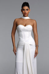 Sharlot Elegant Contour Strapless sequin Draped Knit White Maxi Dress