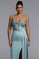 Miaka Elegant Contour Pleated Embellished Floral Satin Maxi Dress