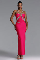Mota Romantic Contour Halter V Neck Rhinestone Bandage Maxi Dress
