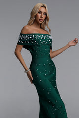 Isme Elegant Contour Off Shoulder Pearl Rhinestone Bandage Green Maxi Dress