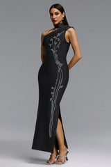 Faux Elegant Contour One Shoulder Crystal Bandage Maxi Dress