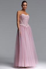 Lerae Romantic Tailored Strapless Embellished Tulle Maxi Dress