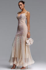 Vivian Romantic Contour V Neck Sequin Beige Maxi Dress