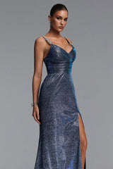 Vivi Chic Contour V Neck Pleated Glitter Maxi Dress