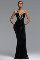 Tiana Glamorous Contour Halter Cut Out Rhinestone Velvet Maxi Dress
