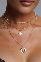 Leyla Multi Layer Daisy Pearl Pendant Stacked Necklace