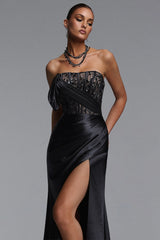 Falae Elegant Tailored Strapless Pleated Satin Maxi Dress