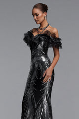 Cindy Glamorous Contour Off Shoulder Ruffled Neckline Sequin Maxi Dress