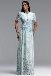 Ignacia Romantic Flowy Short Sleeve Floral Print Embroidered Woven Blue Top and Skirt Two Piece Set