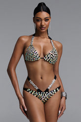 Mocano Sexy Fine Craftsmanship Halter Rhinestone Crisscross Waist Bikini Set