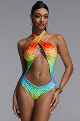 Mead Chic Crisscross Halter Gradient Rhinestone Rainbow Cut out Swimsuit